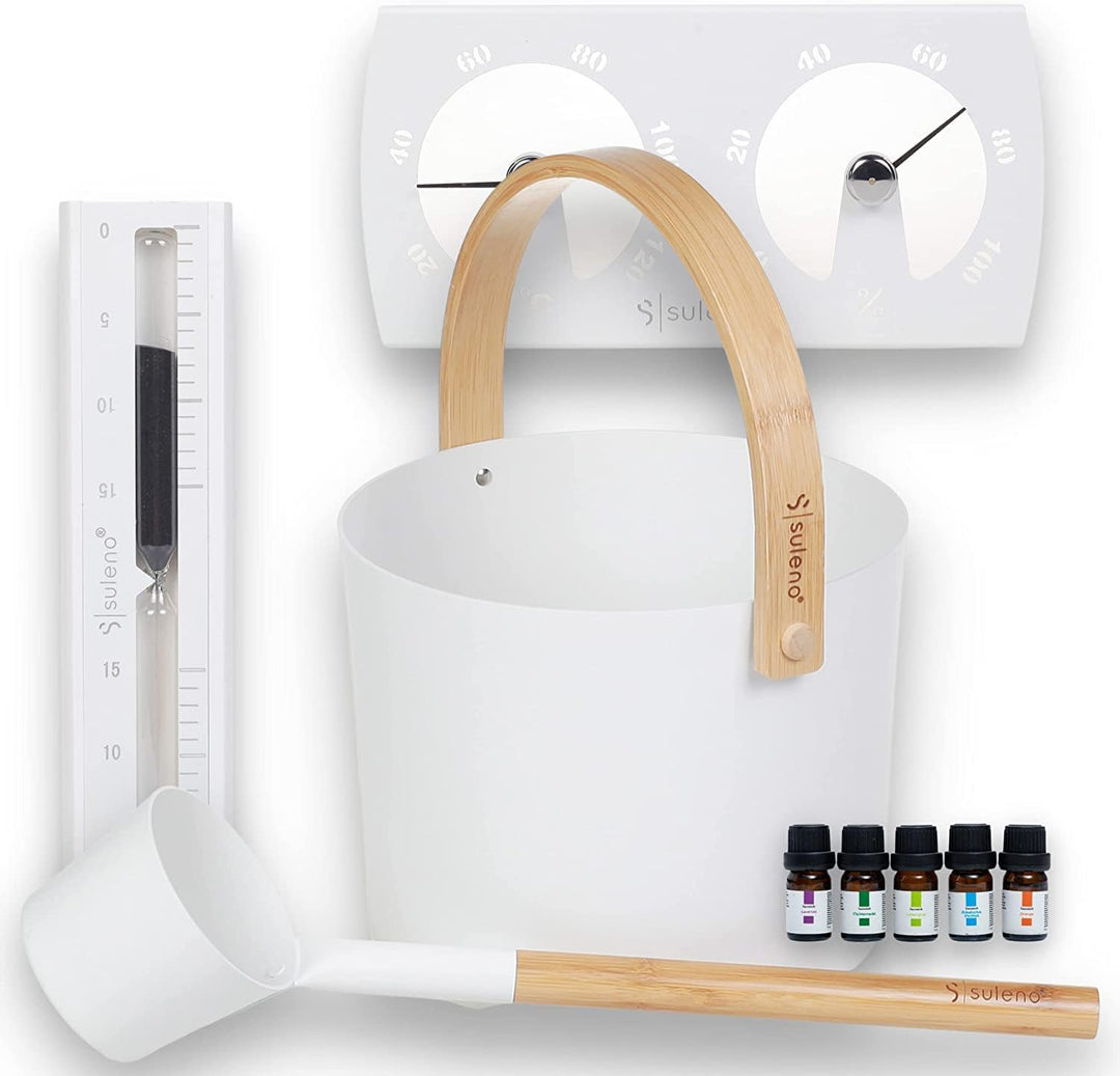 SULENO - Sauna Set KJELL 2 | 9-teilig - Saunakübel, Saunakelle, Klimamesser 2in1, Sanduhr, Saunadüft