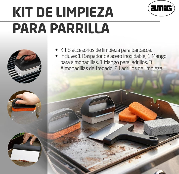 Amig - Kit 8 Reinigungszubehör für Grill AM22 - Schaber 23 cm + 3 Polyester-Schwämme + 1 PP-Schwamm