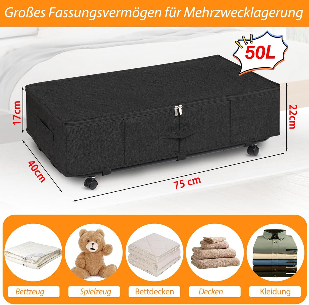 Unterbettkommode gross mit Rollen 360°Drehung, Unterbett Aufbewahrungsbox mit 3 Griffe, Aufbewahrung