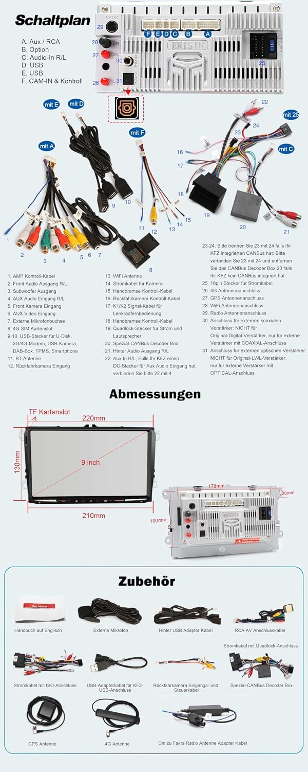 Erisin Qualcomm Android 14 9 Zoll 8GB+128GB 8-Kern Autoradio Bluetooth GPS Navi für VW Golf 5 6 T5 C