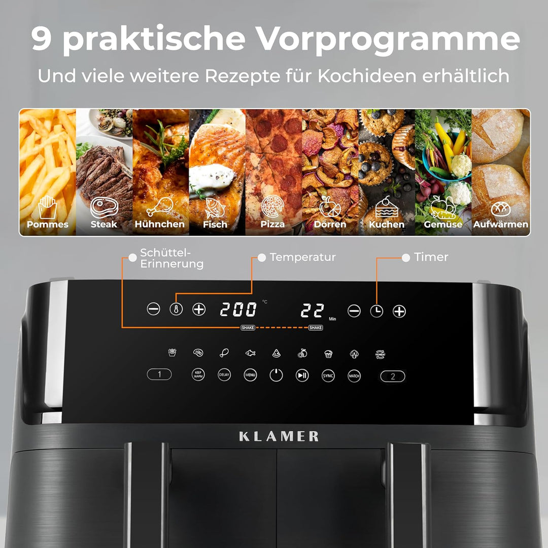 KLAMER Heissluftfritteuse Duo 9 L – Doppelkammer Airfryer mit 2 Körben & Digitaldisplay, 10 Automati