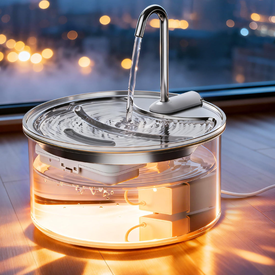 Tomxcute Katzenbrunnen Glas 2,5L – Trinkbrunnen Katze leise, für 1–2 Katzen, Stufen-Design, warmes L