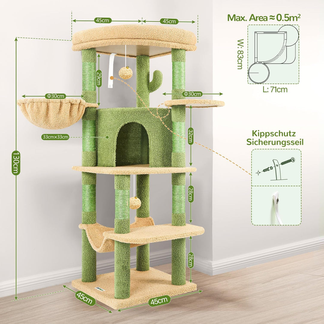 Globlazer Kratzbaum Ecke Kaktus Grün, Eckkratzbaum Stabil hoch 130 cm mit Gross Katzenhaus Sektor Ge