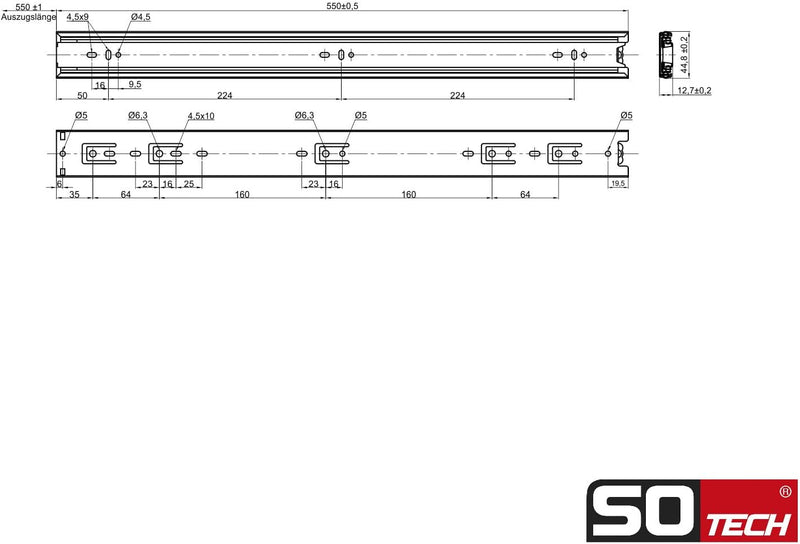 SOTECH 1 Paar Vollauszüge KV1-45-H45-L550-NF-MS 550 mm Standardausführung, Traglast 45 kg, Teleskops