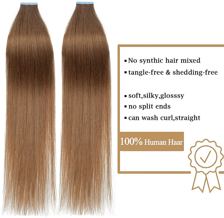 SEGO Echthaar Tape in Extensions Haarverlängerung 40 Pcs 2.5g/Tresse Klebeband Haarteil glatt Kleber