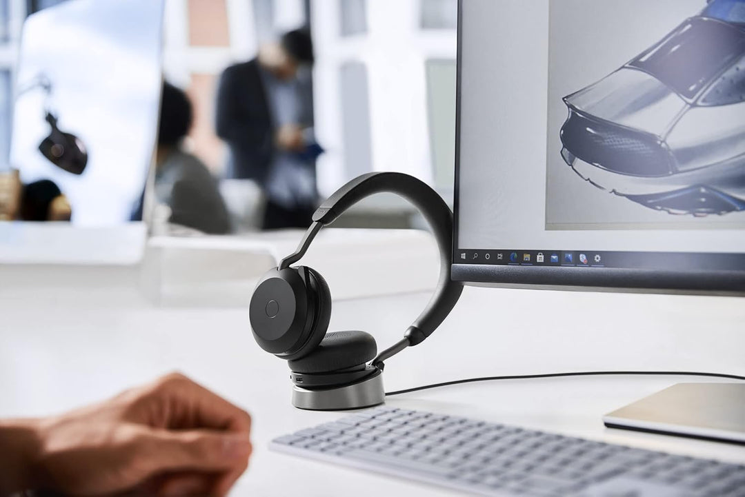Jabra Evolve2 75 Wireless PC Headset mit Ladedock, 8-Mikro-Technologie - Dual-Foam-Stereo-Kopfhörer