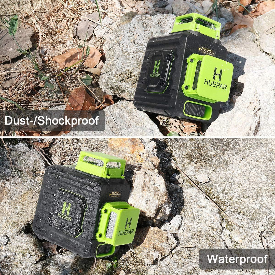 Huepar 2 x 360 Kreuzlinienlaser Grüner Selbstnivellierenden Laser Level, Zwei 360°-Laserlinie, Li-Io