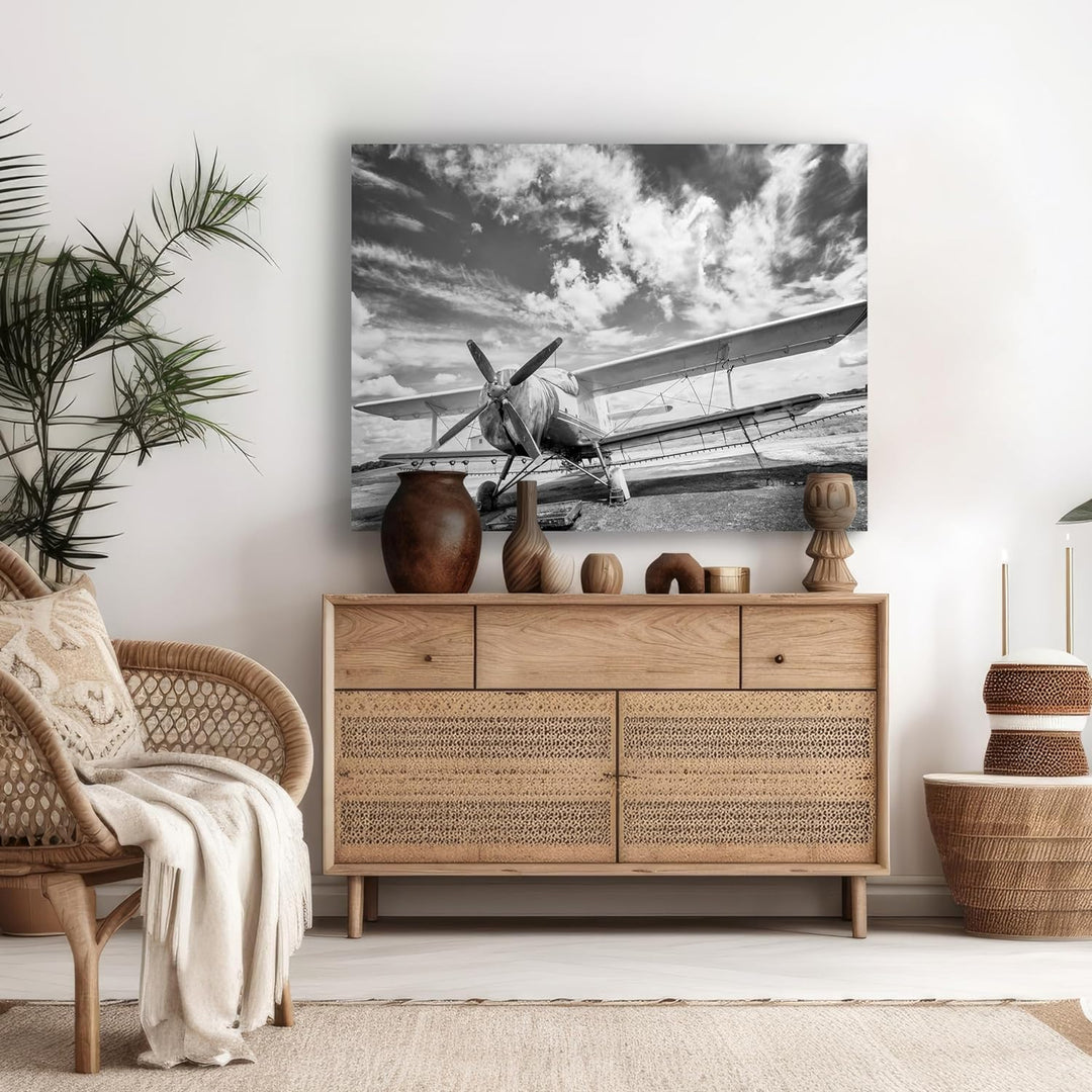 wandmotiv24 Leinwandbild Schwarz-Weiss, 80x60cm, Querformat, Flugzeug, Deko, Bilder auf Leinwand, Wa