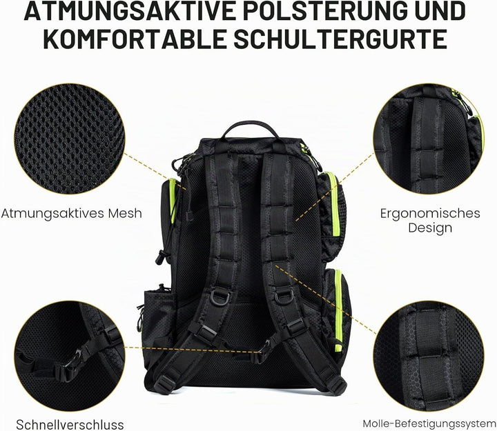 FEIWOOD GEAR Angelausrüstungs-Rucksack mit 4 Angelboxen, grosser Stauraum – widerstandsfähiger Angel