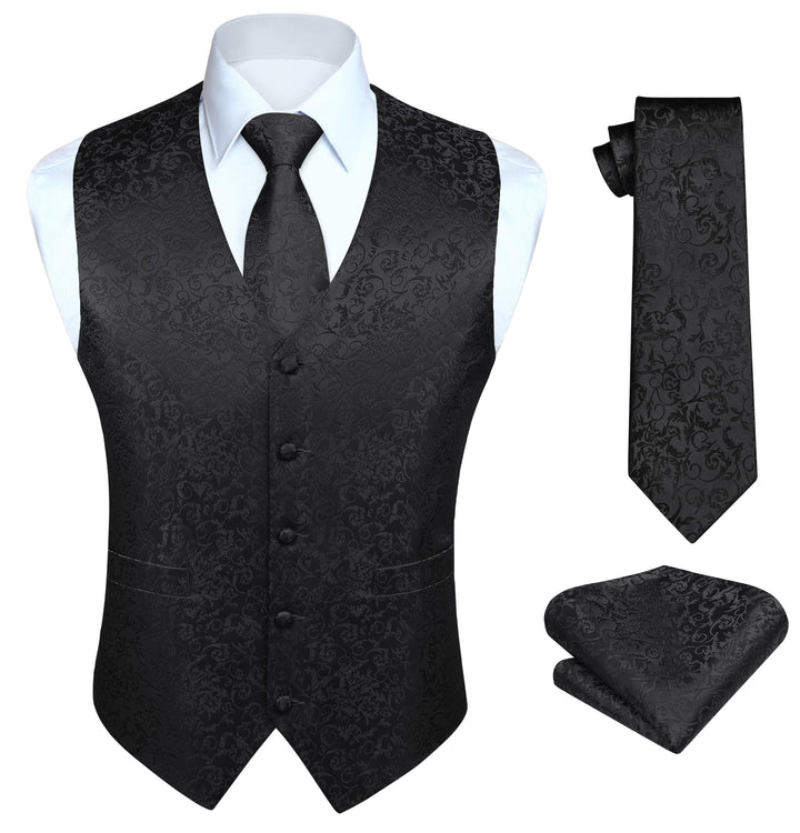 HISDERN Herren FLoral Hochzeit Weste Krawatte Einstecktuch Taschentuch Jacquard Weste Anzug Set 3XL