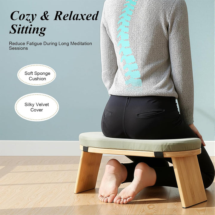 Meditationshocker, Klappbare Meditationsbank aus Bambus, 5° Neigung, Samt-Kissen, ergonomisch, faltb