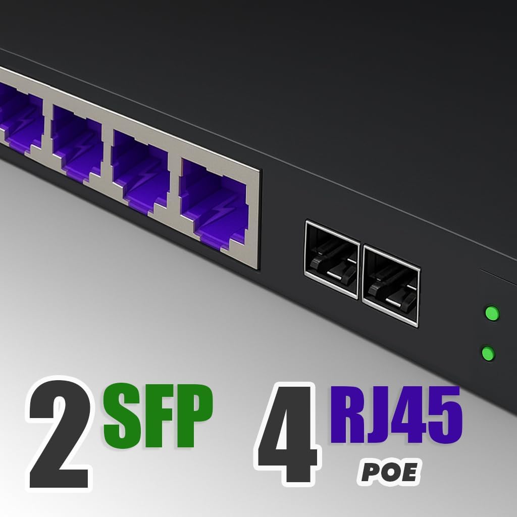 Elfcam® - PoE Switch Glasfaser mit 2 Ports SFP 1,25 GB, 4 Ports PoE Gigabit Ethernet 10/100/1000 Mbp