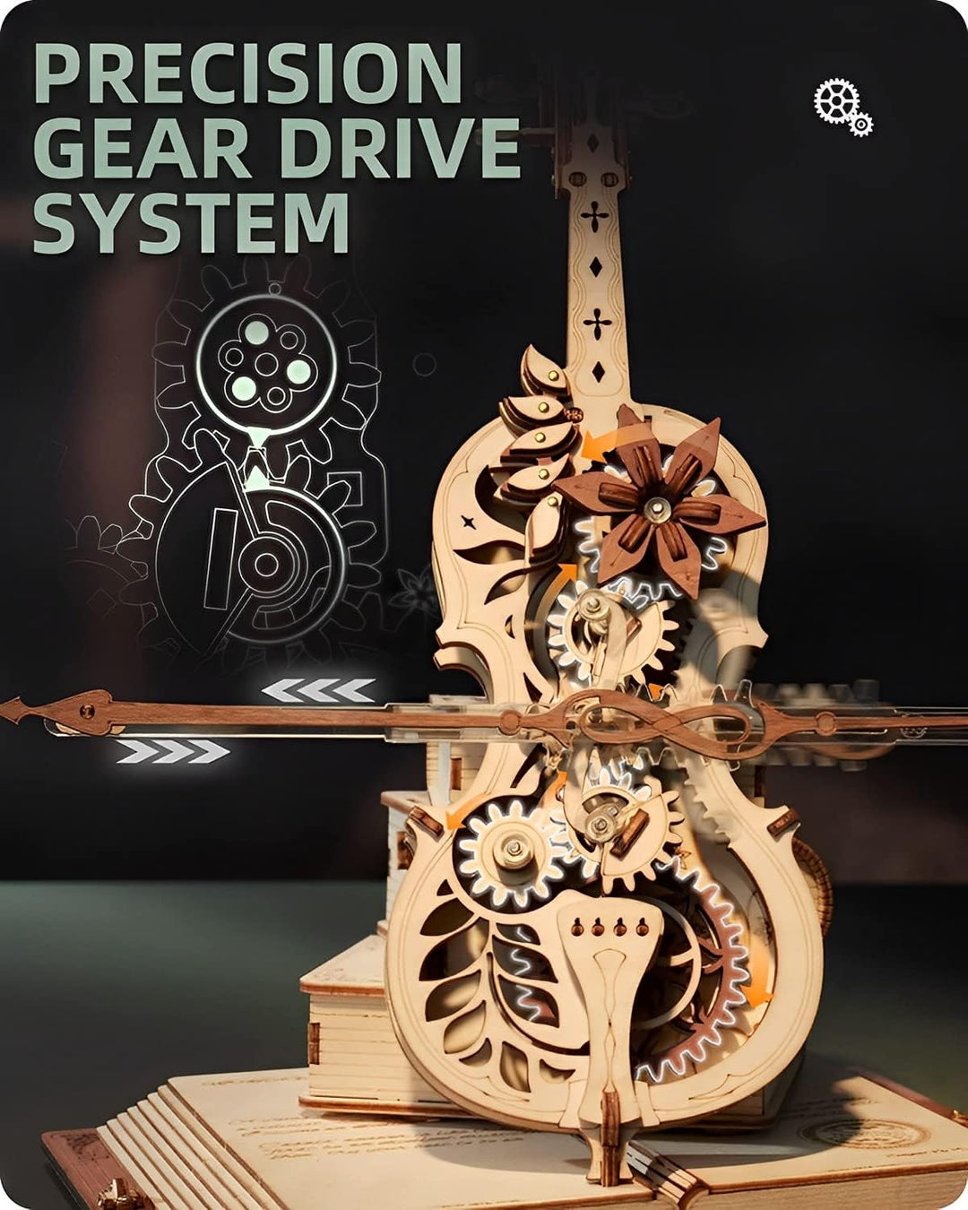 ROKR Magic Cello Mechanische Spieluhr,3D Holzpuzzle Erwachsene,Schreibtischdekoration Geschenk für M