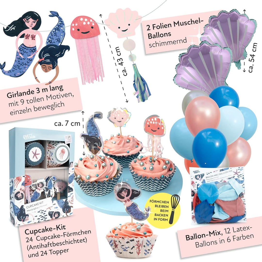 PARTY PARTY 107 Teile glitzerndes Meerjungfrau PARTYGESCHIRR + GESCHENKTÜTEN + CUPCAKE TOPPER + GIRL