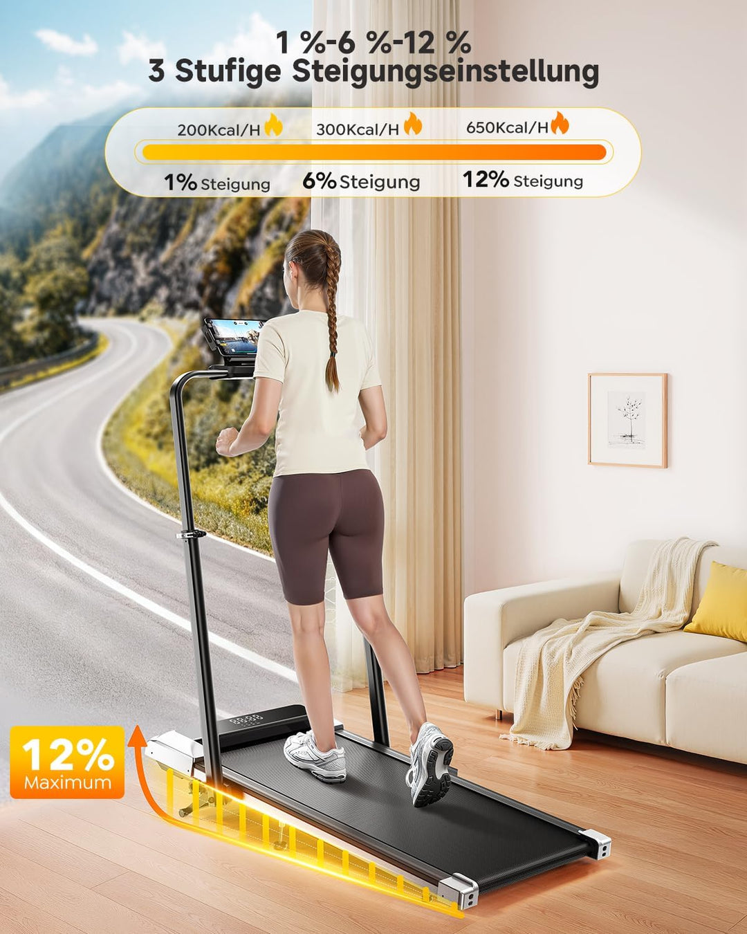 Laufband für Zuhause mit Neigung, 2 in 1 Walking Pad, 12km/h Klappbar Laufband mit Steigung, 2.5HP U
