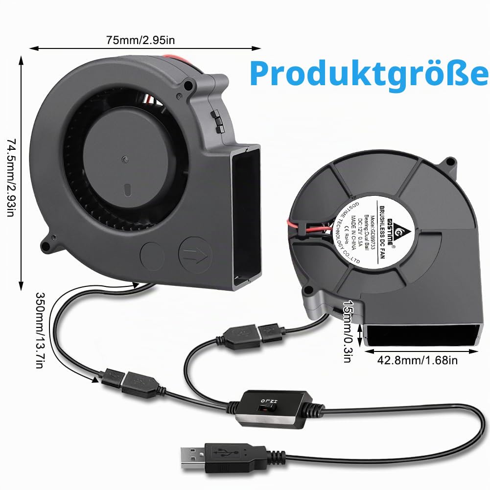 2X Radiallüfter USB mit drehzahlregler - 12V Gebläse Lüfter 75mm - 2-in-1 Radialgebläse für Heizkörp