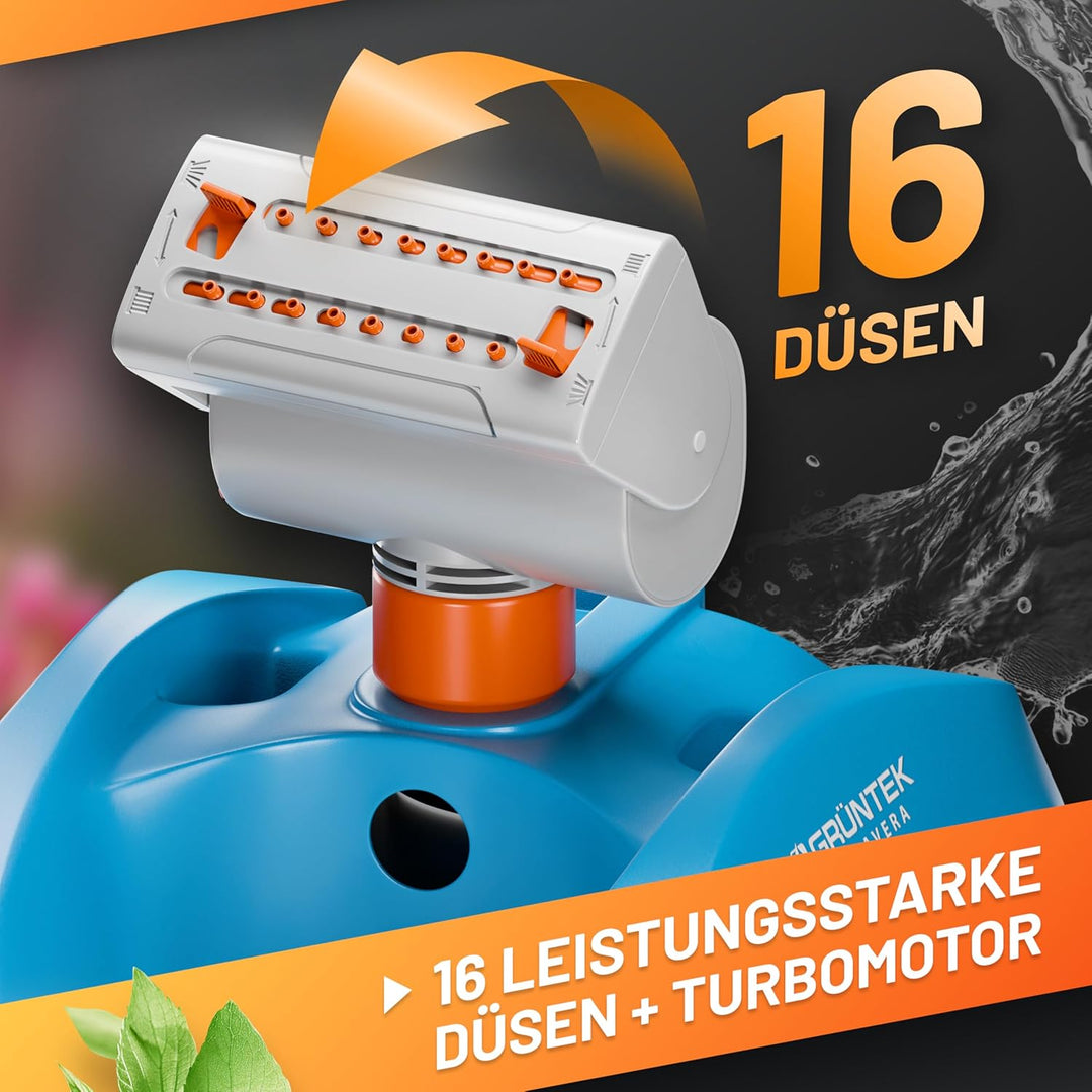 Robuster GRÜNTEK Oszillationssprinkler mit Turbo-Motor – Viereckregner mit 16-Düsen Bewässerungssyst