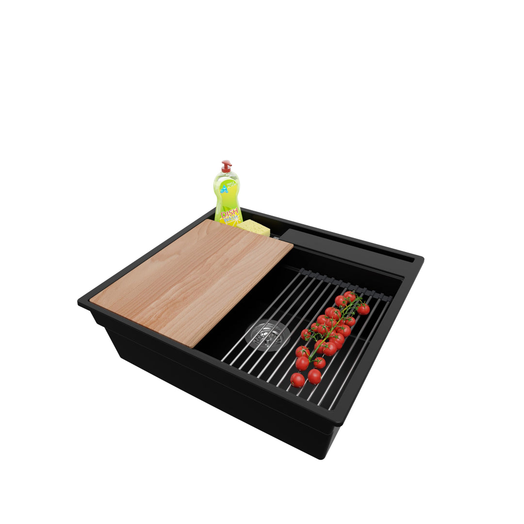 Spülbecken Schwarz 58x53 cm, Granitspüle + Ablauf-Set + aufrollbare Abtropffläche, Küchenspüle für 6