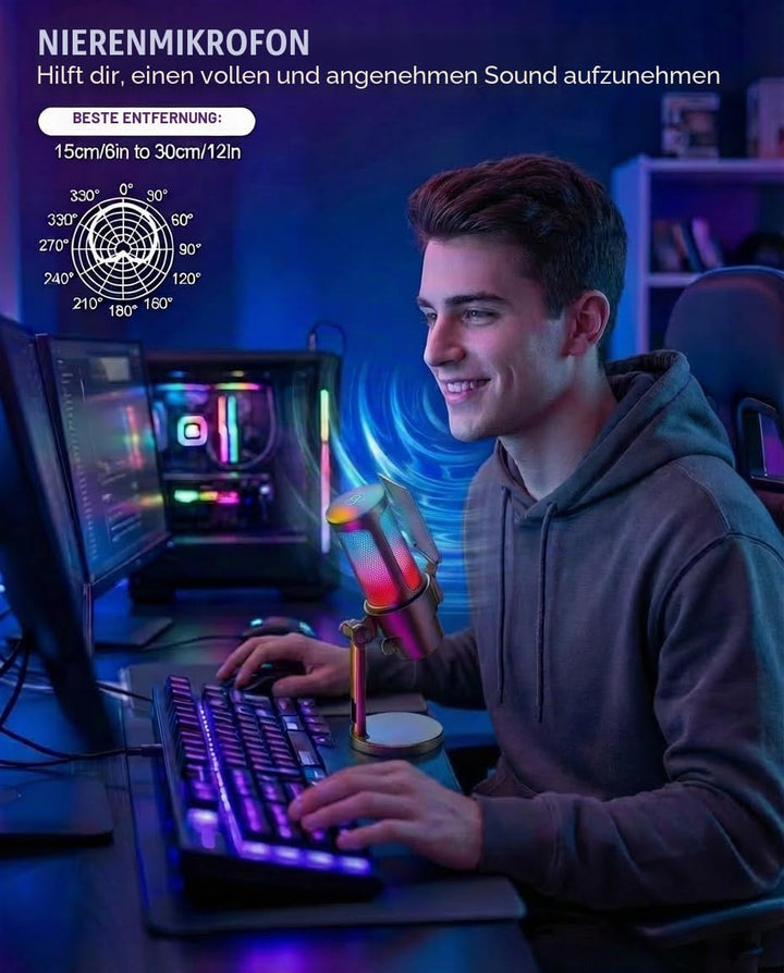 USB Gaming Mikrofon mit Ständer Plug & Play PC Mikrofon mit Mute-Taste, RGB-Beleuchtung, Pop-Filter