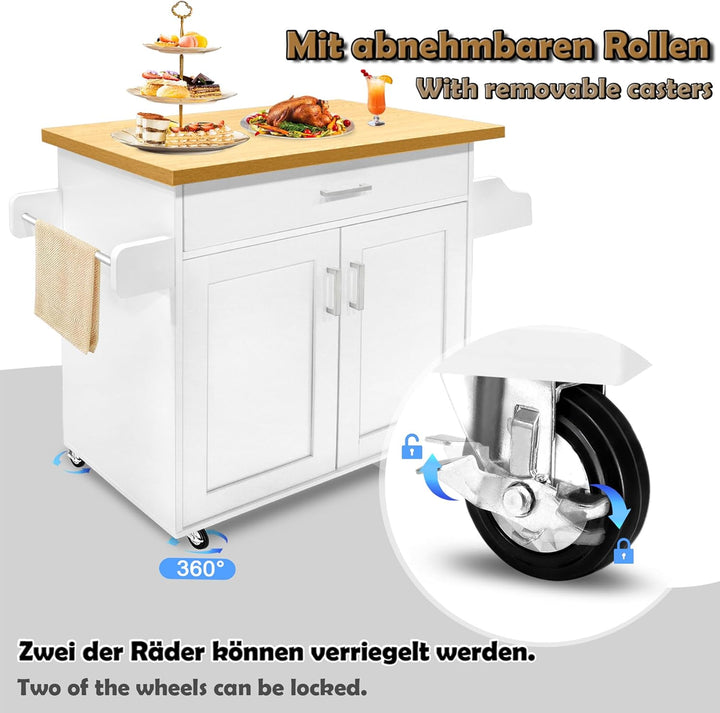 ACXIN Küchenwagen auf Rollen mit Schubladen und Tür Kücheninsel mit Arbeitsfläche Servierwagen Rollw