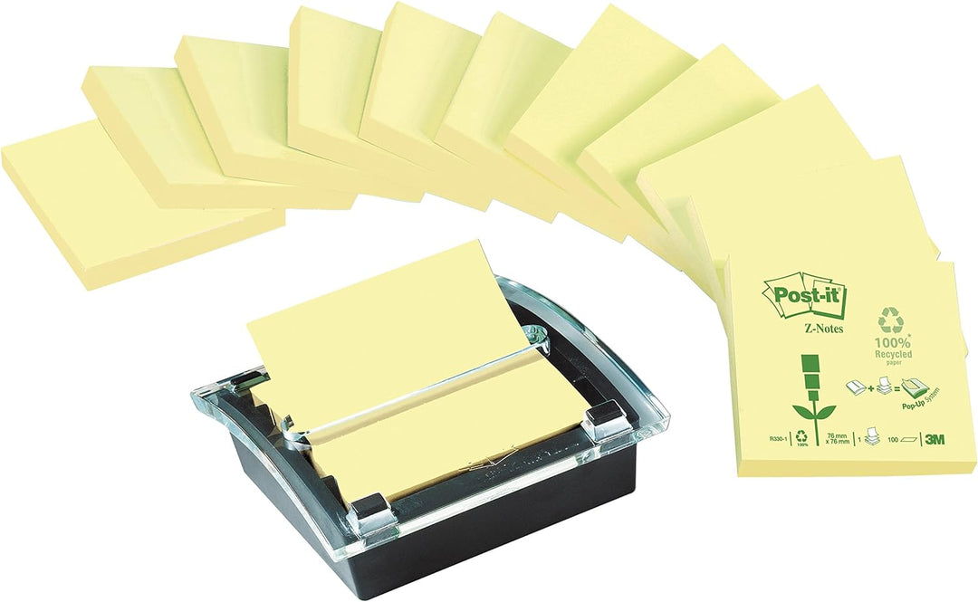 Post-it C2014Y12 Spender für Recycling Z-Notes, 1 Z- Notes Spender, 12 Blöcke/100 Blatt, schwarz/tra