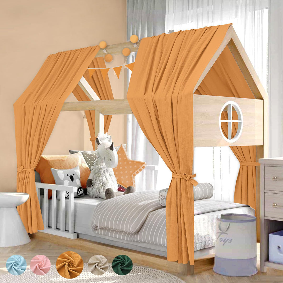 Alishomtll Hausbett Himmel Deko Set, 2 Betthimmel Hausbett aus 100% Baumwolle Musselin, 1 Wimpelkett