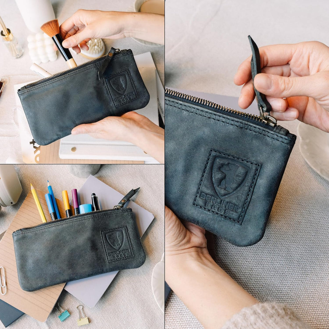 Berliner Bags Vintage Federmäppchen Etui aus Leder mit YKK-Reissverschluss, Robuste Federmappe für S