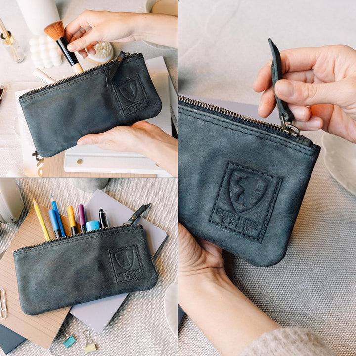 Berliner Bags Vintage Federmäppchen Etui aus Leder mit YKK-Reissverschluss, Robuste Federmappe für S