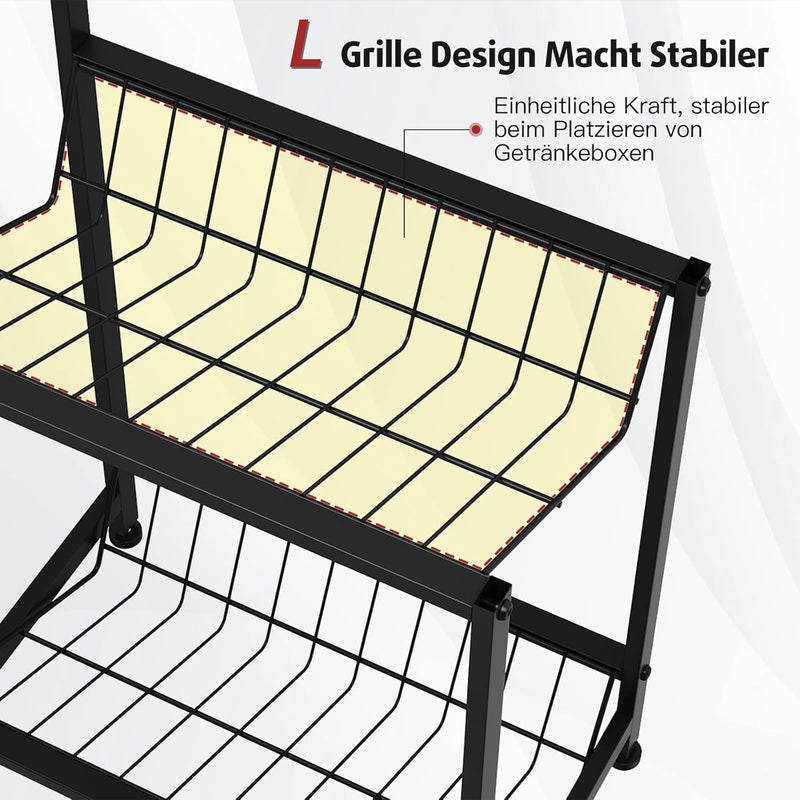 Rainsworth Getränkekistenregal Schmal mit Ablage Schwarz, mit Gitterhalterung aus Metall, 33T x 50B