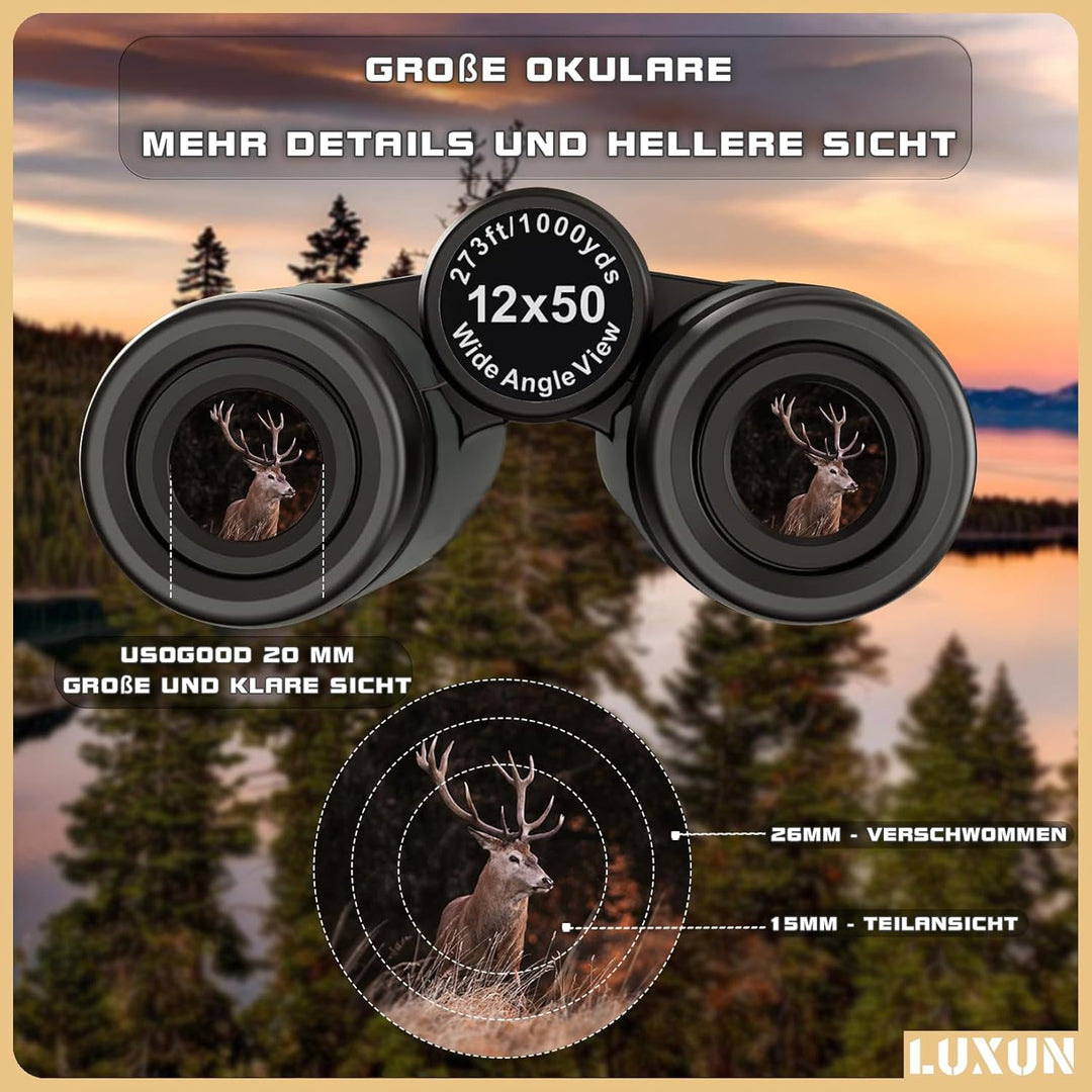LUXUN 12x50 HD Fernglas für Erwachsene, Fernglas mit Smartphone Adapter Tragetasche, 20mm grosses Ok