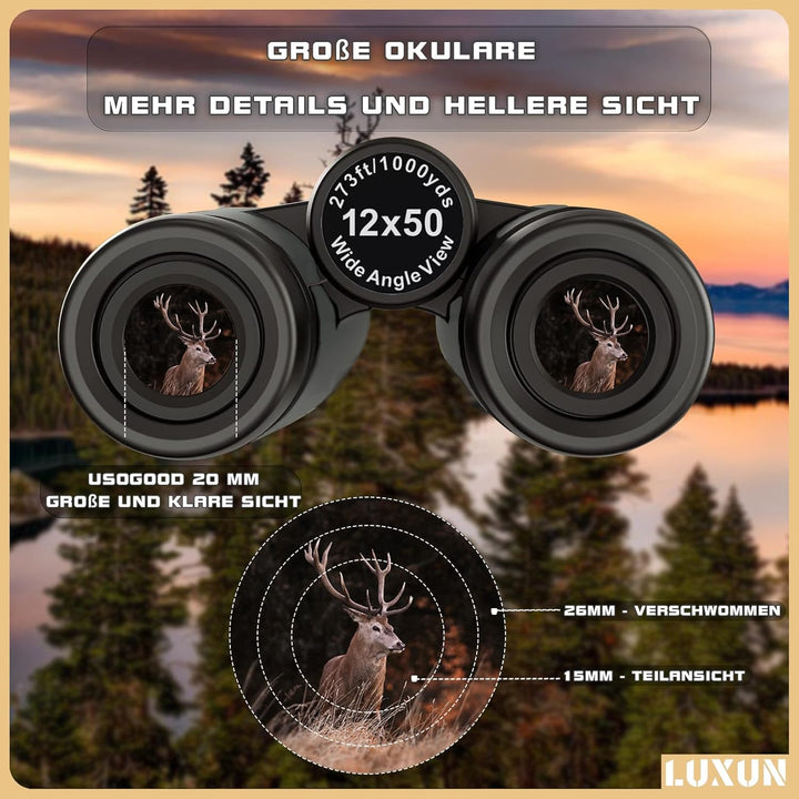 LUXUN 12x50 HD Fernglas für Erwachsene, Fernglas mit Smartphone Adapter Tragetasche, 20mm grosses Ok