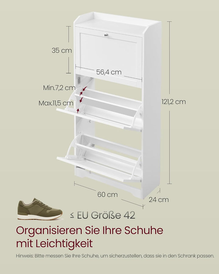 VASAGLE Schuhschrank 3 Klappen, Schuhkipper, Schuhregal, Schuhaufbewahrung, Oberplatte, Trennwand ve