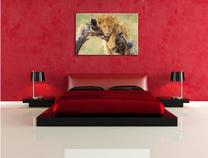 Pixxprint Junger Löwe in der Natur Kunst / 100x70cm Leinwandbild bespannt auf Holzrahmen/Wandbild Ku