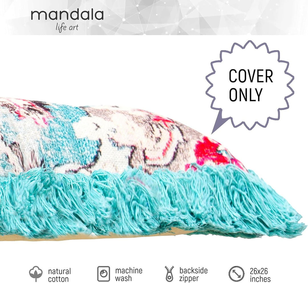 Mandala Life ART Meditationskissenbezug - 65 cm mit Fransen - Quadratisch bedruckter Boho Chic Boden
