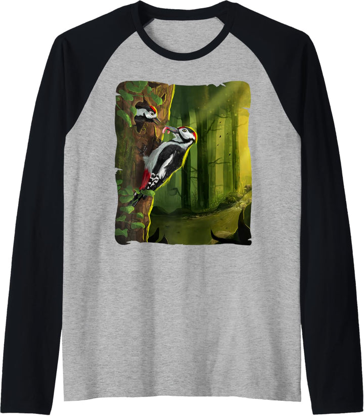Buntspecht füttert Nachwuchs, Specht Vogel Illustration Raglan