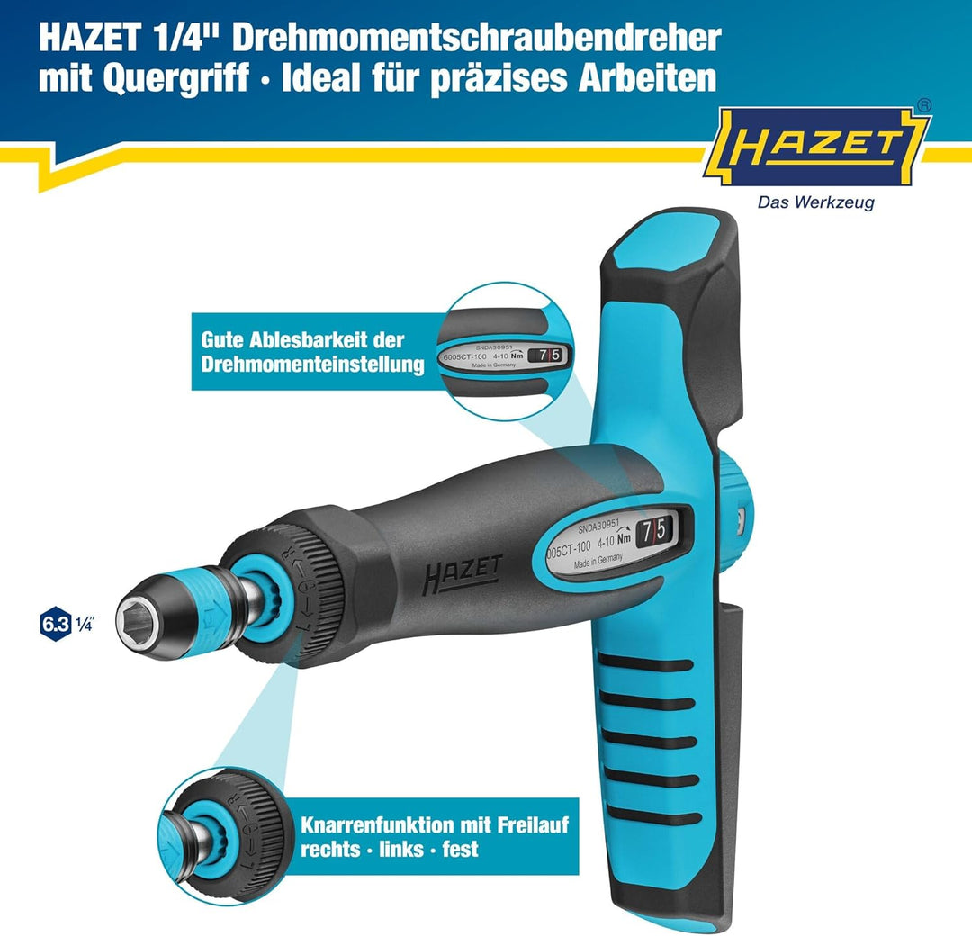 HAZET Drehmomentschraubendreher 6005CT-100, 1/4" mit Quergriff, 4-10 Nm, 6% Genauigkeit, 198 mm Läng