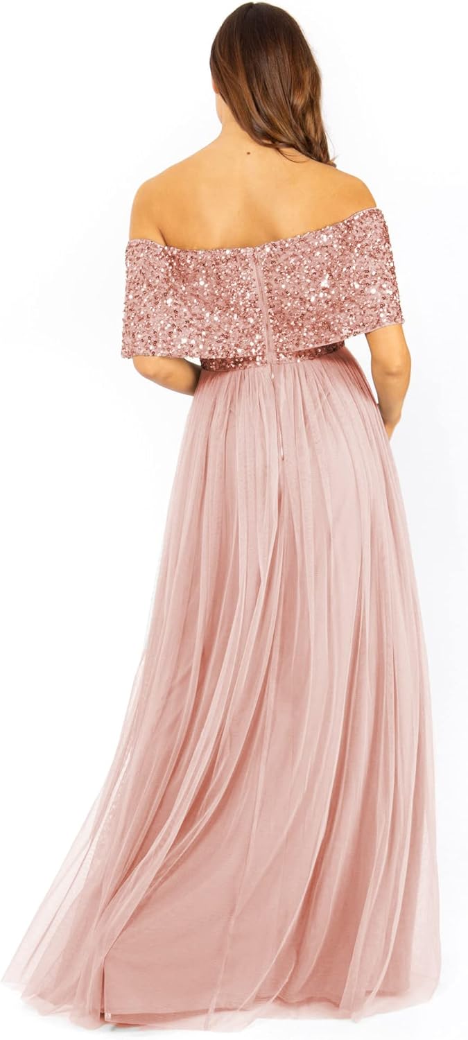 Maya Deluxe Abendkleid Damen Brautjungfernkleid Bardot Paillettenverzierung Abendkleid Elegant für H