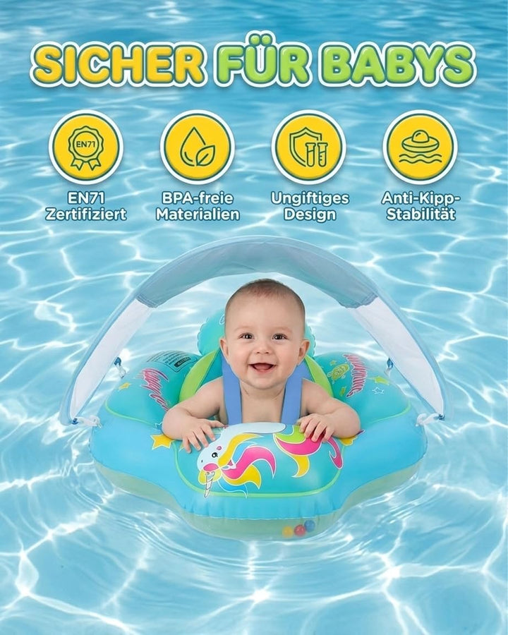 Baby Schwimmring mit Sonnendach, UPF 50+ Aufblasbarer Schwimmring Baby mit Dach, UV-Schutz Sonnenver