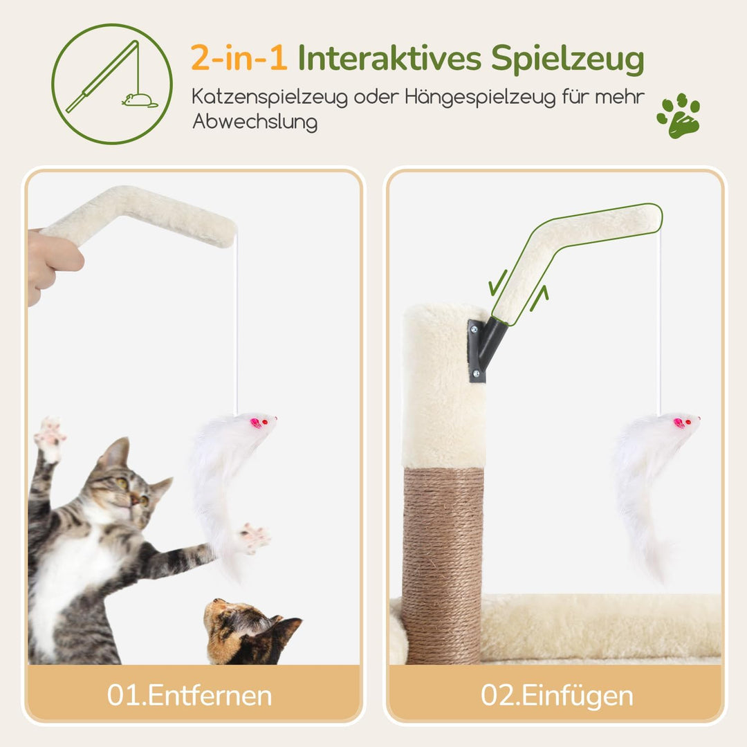 Globlazer Kratzbaum Beige Grosse hoch 188 cm mit 2 Gross Katzenhaus, Grosse Gepolsterte Plattform, W