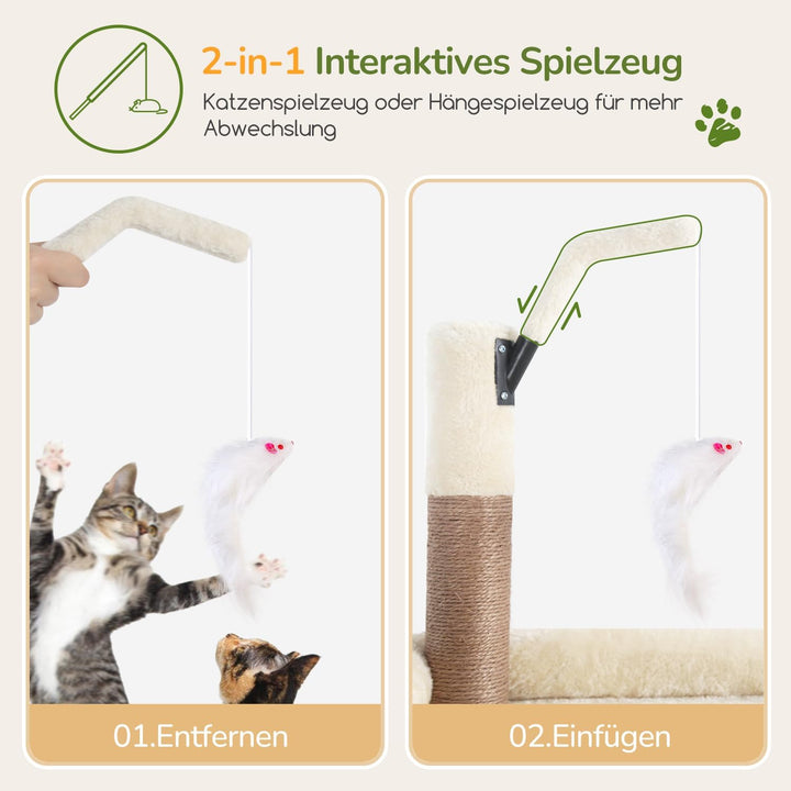 Globlazer Kratzbaum Beige Grosse hoch 188 cm mit 2 Gross Katzenhaus, Grosse Gepolsterte Plattform, W