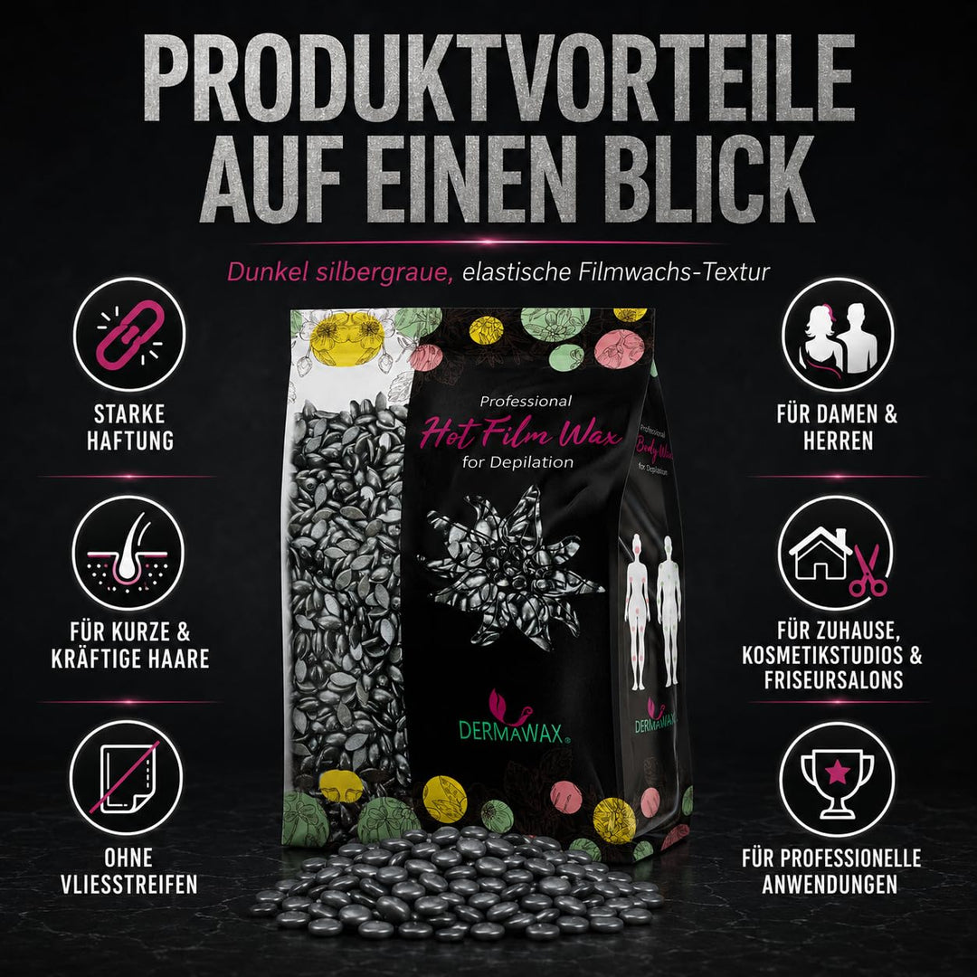 Dermawax Black 500g Wachsperlen – Starkes Heisswachs für Männer & Frauen – Entfernt Brust-, Rücken-,