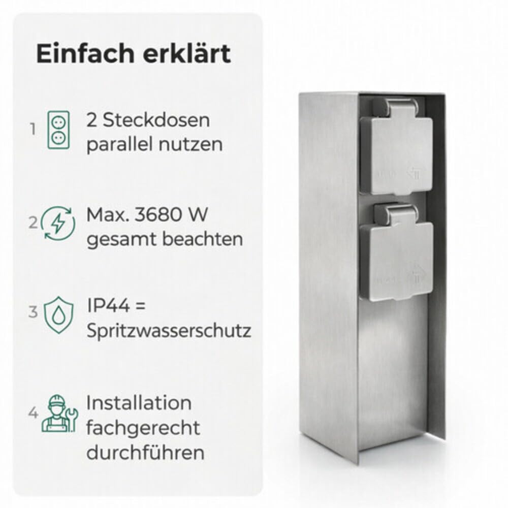LED Universum Gartensteckdose aus Edelstahl, IP44 für aussen, 23cm (Silber 2-fach), Silber 2-fach