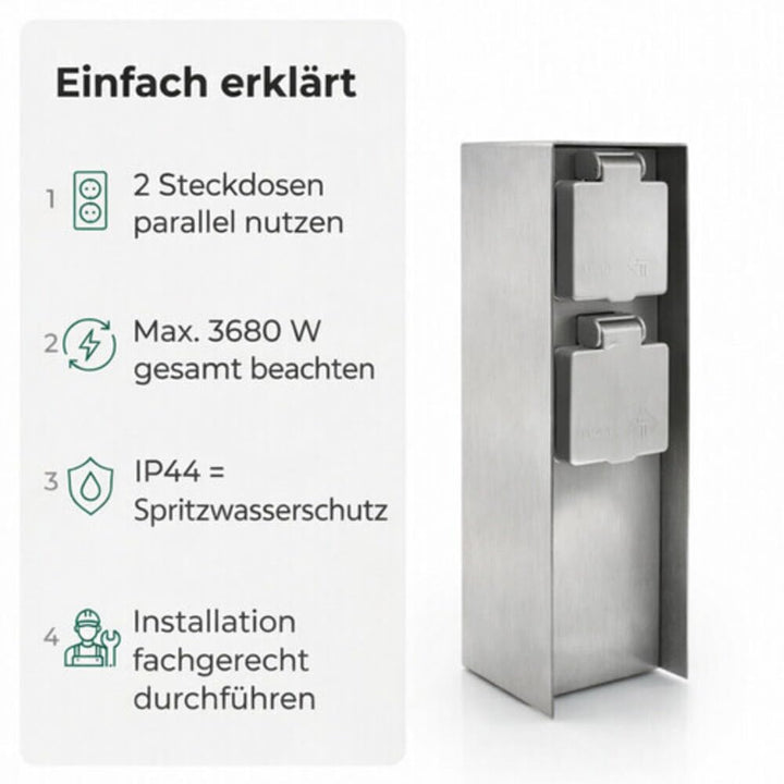 LED Universum Gartensteckdose aus Edelstahl, IP44 für aussen, 23cm (Silber 2-fach), Silber 2-fach
