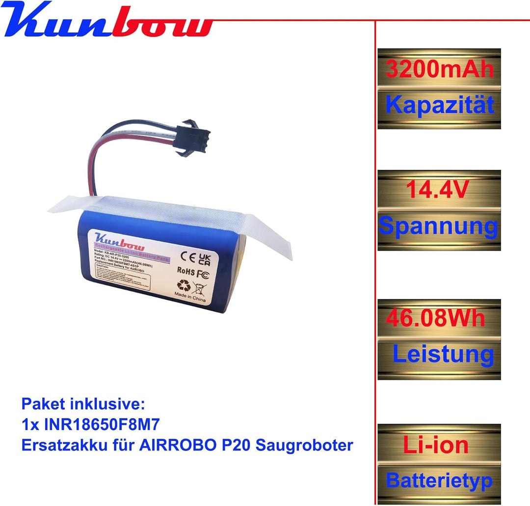 3200mAh Li-ion akku, Ersatzakku für AIRROBO P20 Saugroboter.(14.4V / 46.08Wh)