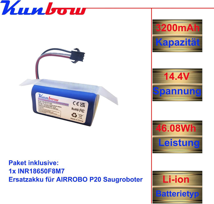 3200mAh Li-ion akku, Ersatzakku für AIRROBO P20 Saugroboter.(14.4V / 46.08Wh)