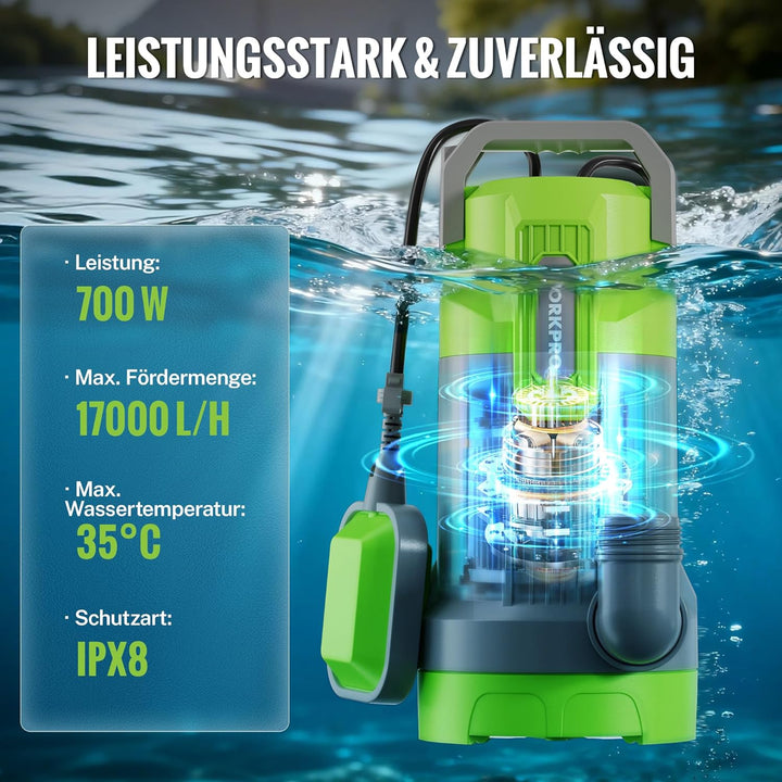 WORKPRO Schmutzwasserpumpe, 700W Tauchpumpe mit Fördermenge 17.000 l/h, Wasserpumpe mit Schwimmersch