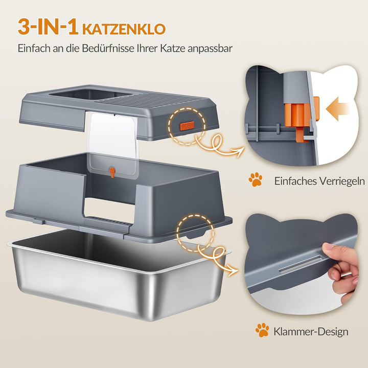 Katzenklo Edelstahl mit Deckel, XXL Geschlossene Katzenklo, Katzentoilette mit Trittstufe und Schauf