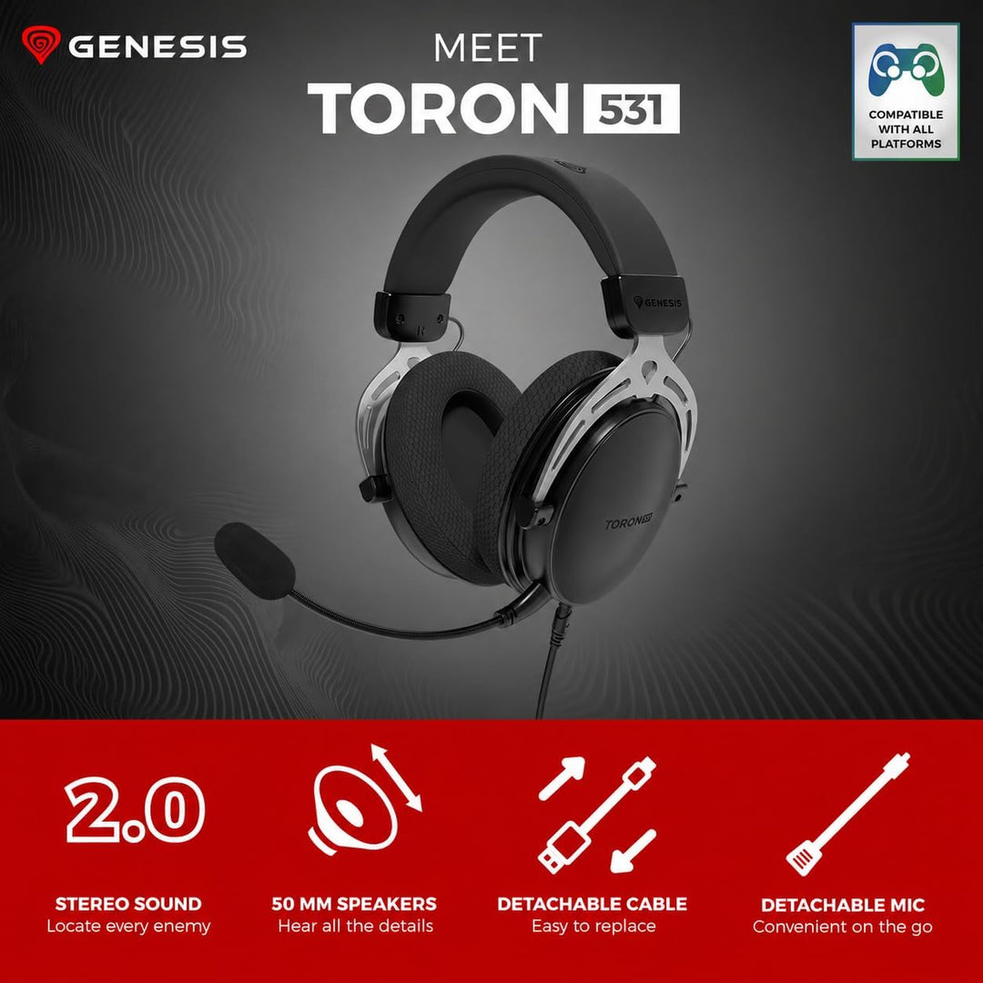 GENESIS Toron 531 Gaming Headset – Over-Ear Kopfhörer mit 50 mm Treibern, abnehmbares Mikrofon, 3,5