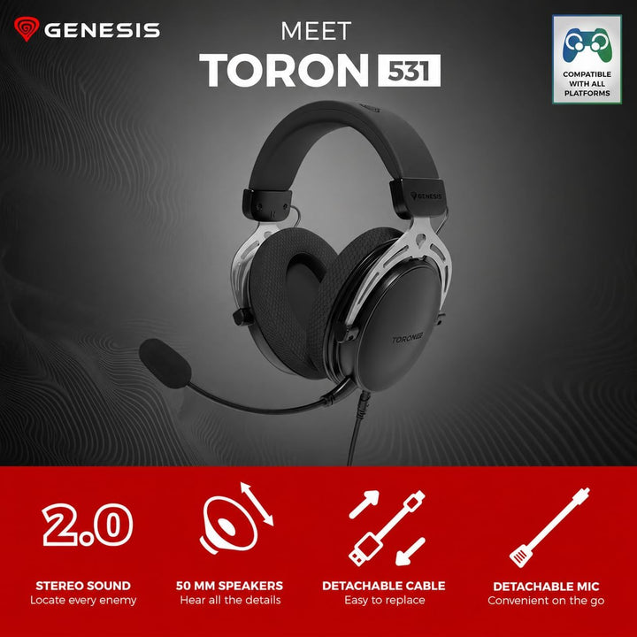 GENESIS Toron 531 Gaming Headset – Over-Ear Kopfhörer mit 50 mm Treibern, abnehmbares Mikrofon, 3,5