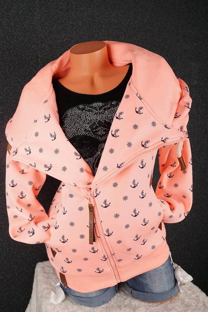 VIN TE Damen Sweat Jacke XXL Kapuze Hoodie Übergangsjacke Fleece gefüttert schräger Reissverschluss